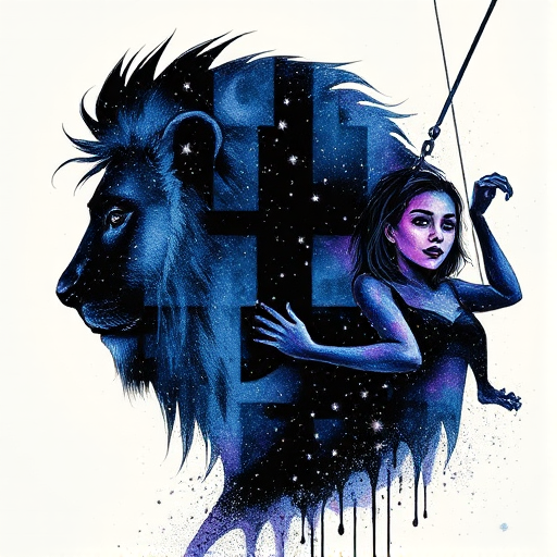 Captivating conceptual render alcohol ink art, double exposure, the paint strokes artfully merge combining a woman's full silhouette with a Swinging monkey's silhouette. The figures are composed of a series of colored dots, lines & spots that evoke the image of a cosmic galaxy, colors are deep shades of blue purple & black with flashes of white & silver representing distant stars. The woman's silhouette is formed within the lion's silhouette from constellations of scattered stars, surreal