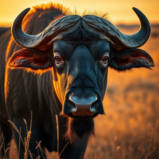 Create a highly detailed close-up of a majestic buffalo standing in a golden grassland during sunset, with a shallow depth of field, using a DSLR camera at f/2.8, ISO 200, and a focal length of 85mm, capturing vibrant colors and intricate textures in a dramatic lighting style.