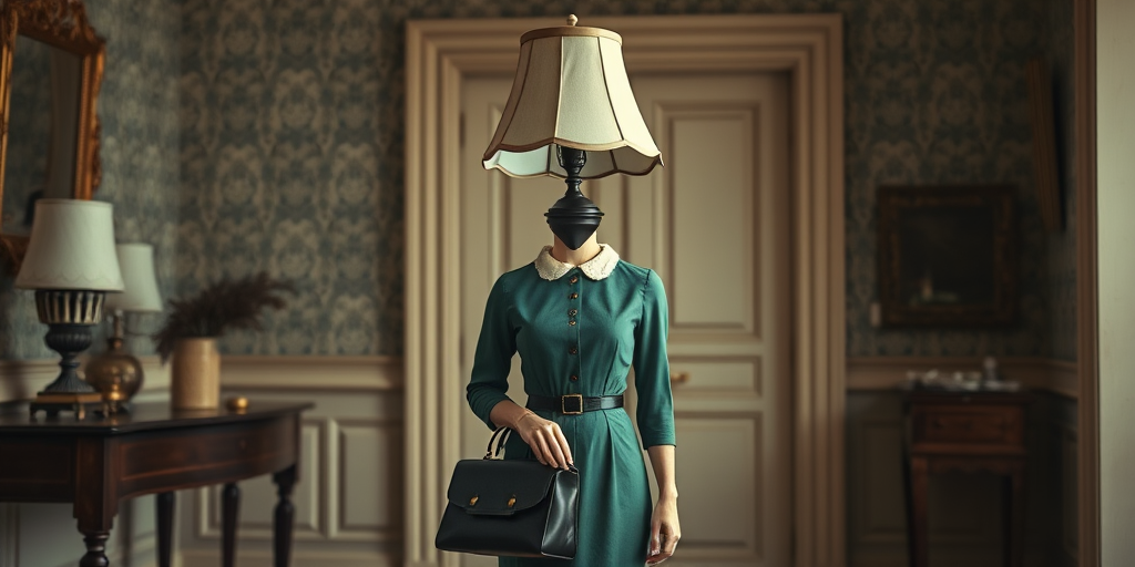 Create an image of a figure with a lampshade for a head, wearing a vintage green dress and holding a briefcase, standing in an elegant vintage room with a door and decorative elements, shot with a Canon EOS 5D Mark IV, 50mm lens, f/1.8 aperture, ISO 100, natural lighting, soft focus effect.