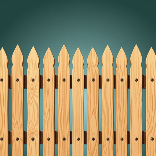 Create a detailed illustration of a wooden picket fence with a smooth, natural wood texture, set against a gradient background, using a DSLR camera with a 50mm lens, f/1.8 aperture, ISO 100, and a shallow depth of field to enhance the image quality with vibrant colors and sharp details.