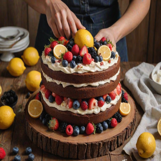 Generate an image of a beautifully decorated layered cake. A person is using a piping bag to add frosting on top of the cake, which is adorned with fresh fruits like lemons and berries, as well as edible flowers. The setting features a rustic wooden table, enhancing the cozy atmosphere of the scene.