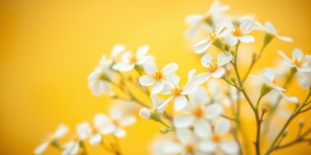 regenerate a floral background with soft white flowers on a warm yellow backdrop, using a shallow depth of field, captured with a DSLR camera at f/2.8, 50mm lens, ISO 200, natural soft lighting, slightly blurred edges to create a dreamy effect