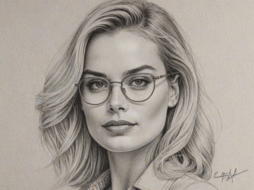 Alluring Margot Robbie, pencil sketch, portrait of Captivating woman 1970s in glasses, hair style beatnik, outline, clear lines, fine lines, 8k