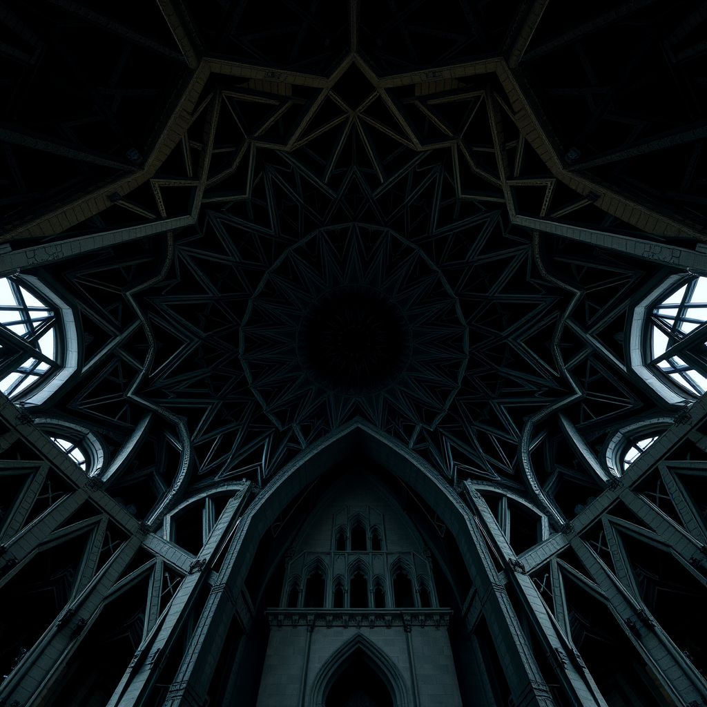capture an intricate architectural structure featuring a dark, geometric design with symmetrical patterns, low light conditions with soft highlights, use a wide-angle lens at f/8, ISO 200, shutter speed 1/60s, taken from a low angle perspective with a DSLR camera to enhance image clarity and detail