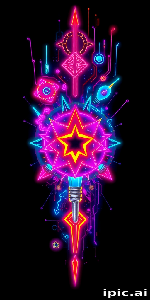 Neon-inspired tattoo titled "Electric Dreams" depicting luminous cyberpunk elements and futuristic symbols glowing against a dark background with pulsating colors and dynamic energy
