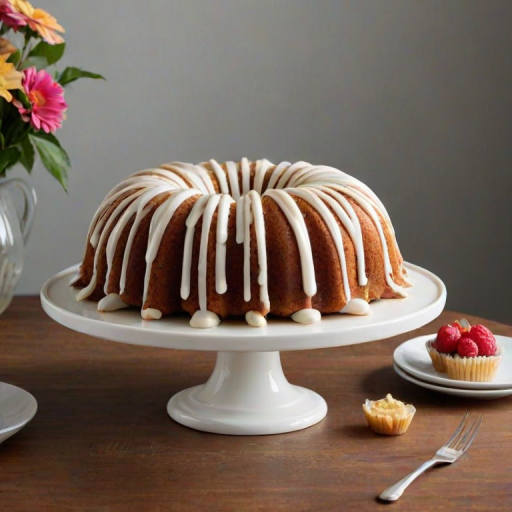 Create an image of a beautifully decorated bundt cake on a white pedestal. The cake should have a golden brown exterior with a smooth, glossy white glaze drizzled on top, partially cascading down the sides. The background should be simple and bright to emphasize the cake's details.