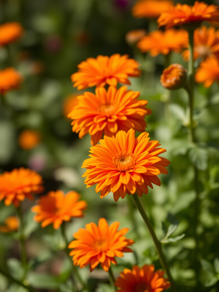 Orange chrysanthemum in a vibrant garden, shallow depth of field, 50mm f/1.8 lens, ISO 200, f/2.8, 1/200 sec, natural light, macro photography.