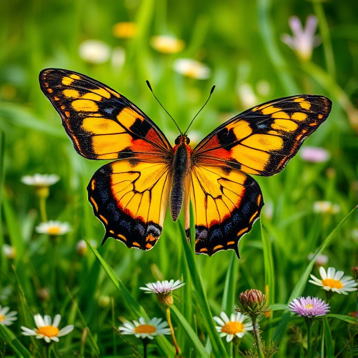 Create a vibrant image of a butterfly with large yellow and black wings, perched on a green grass background with flowers. Focus on the intricate patterns on the wings and the lush greenery surrounding it.