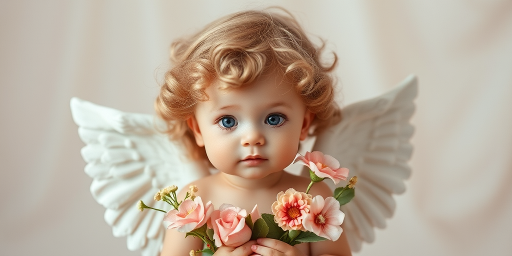 Create an image of a cherubic angel with curly hair, holding a garland of flowers, soft pastel colors, against a light neutral background, captured in a soft focus style with a DSLR camera at f/2.8, ISO 100, 50mm lens, with natural lighting to enhance details and texture.