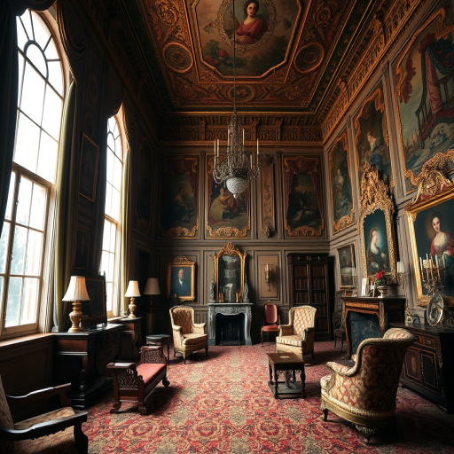 interior of an ornate vintage room with luxurious furnishings, intricate tapestries, and elegant decor, soft natural lighting from windows, wide-angle view, shot with a Canon EOS R5, 24mm lens, ISO 100, f/8, shutter speed 1/60s, high dynamic range to capture details in shadows and highlights