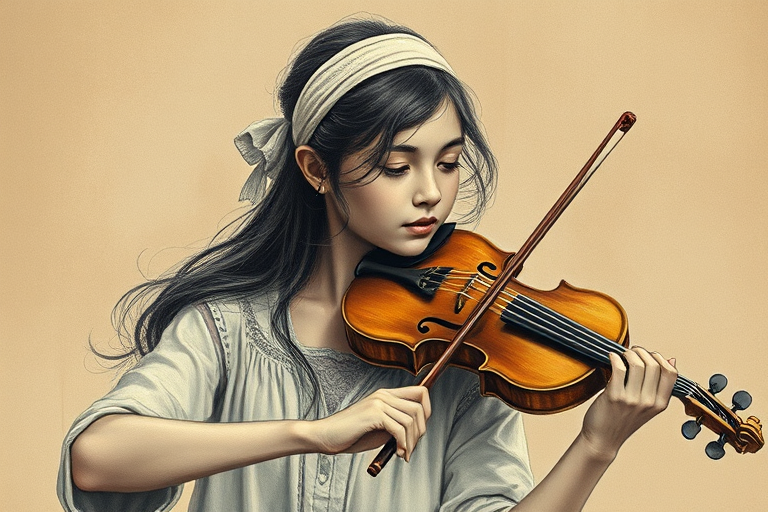 a young M'tis woman with a white headband playing a violin, in the style of a charcoal drawing, sepia grunge background