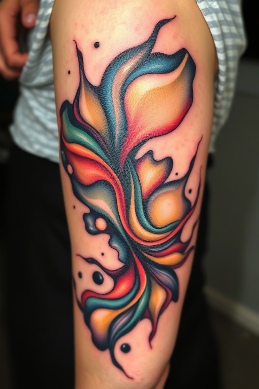 Contemporary abstract tattoo titled "Fluid Dynamics" featuring flowing organic shapes and color gradients reminiscent of liquid paint in motion with metallic ink accents