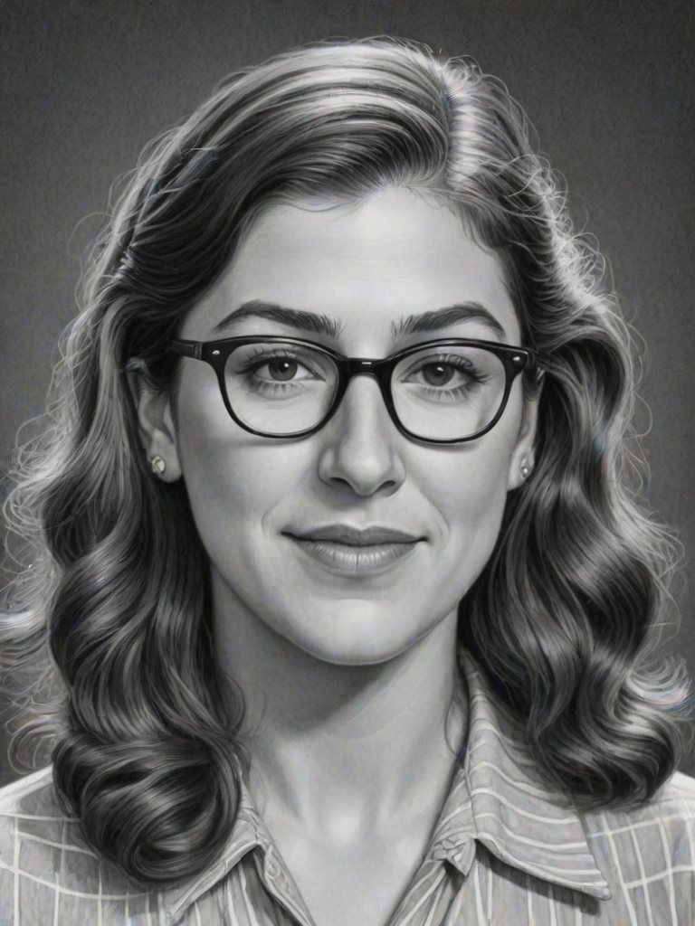 Beauteous Mayim Bialik, pencil sketch, portrait of Fascinating woman 1940s in glasses, hair style beatnik, outline, clear lines, fine lines, 8k