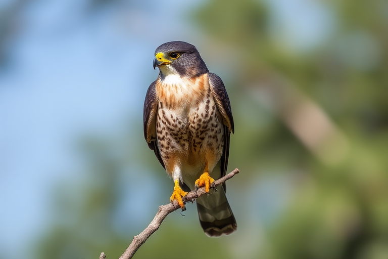 Peregrine falcon perched on a branch with a blurred natural background, shallow depth of field, 85mm lens, f/2.8, ISO 200, 1/500s, natural light, DSLR camera, portrait orientation.