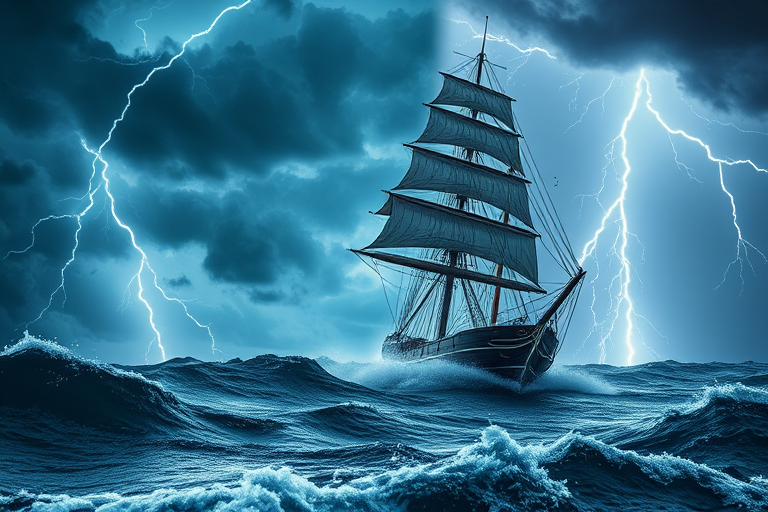 Create an image of a majestic sailing ship during a storm with dramatic lightning, captured using a DSLR camera at f/8 aperture, ISO 100, 1/250 sec shutter speed, high dynamic range, wide-angle lens, and a low angle view to enhance the sense of power and movement in the turbulent sea.