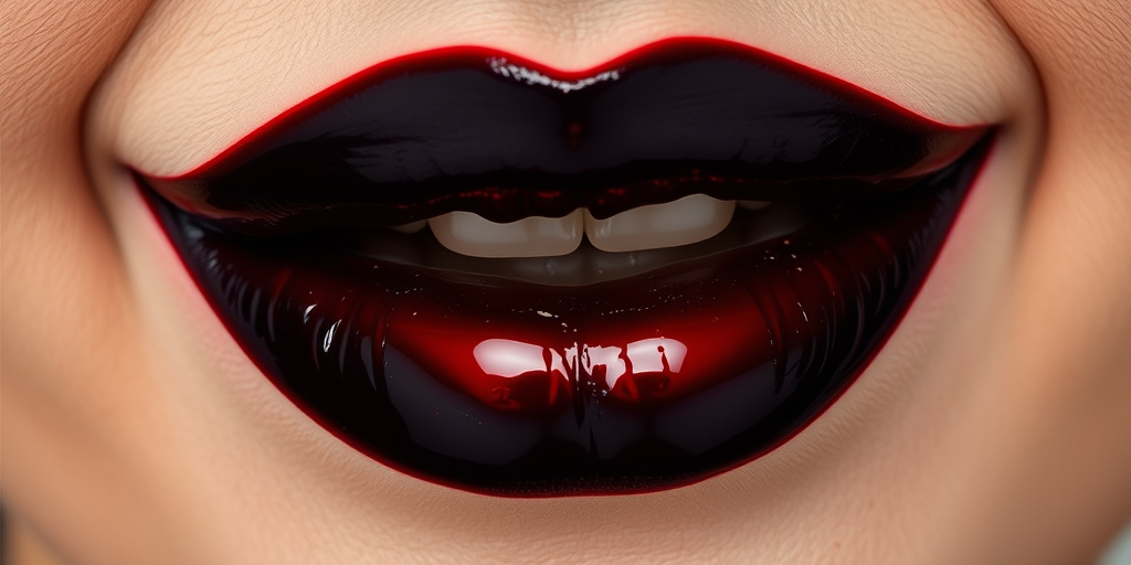 Edgy black cherry lips with a glossy finish, adding drama and intensity to any look, perfect for bold and daring expressions