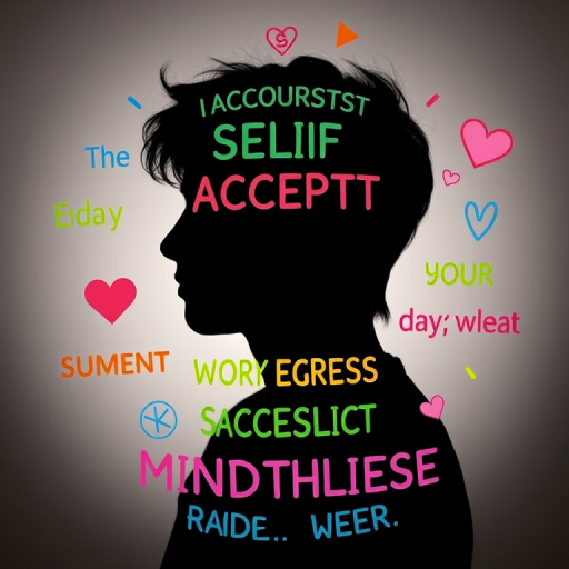 Create a silhouette of a person surrounded by colorful text and symbols that promote self-acceptance and mindfulness, shot with a Canon EOS R5, f/2.8 aperture, 50mm lens, backlighting for a dramatic effect, and high dynamic range.