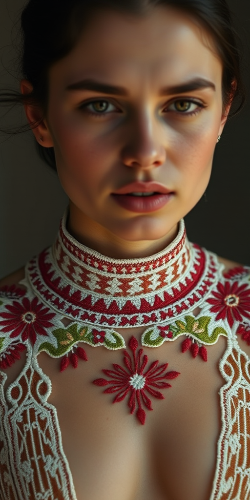 Face, shoulders, chest covered in openwork Druze embroidery. Raw, unedited image.