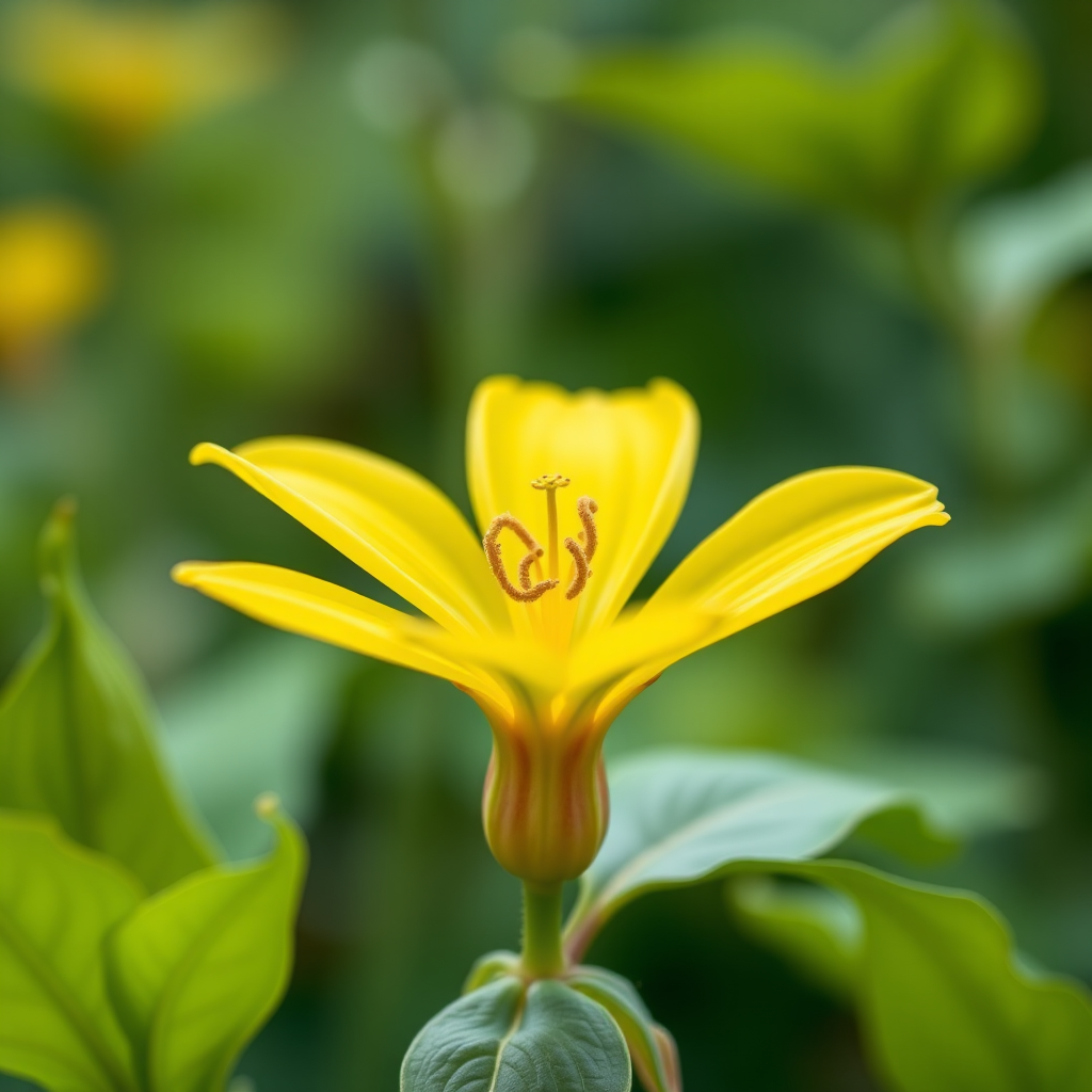 Generate a detailed illustration of a yellow flower with broad petals, green leaves, and a bulbous base, using a DSLR camera at f/2.8, 1/100 sec, ISO 100, in macro view with a soft focus background for enhanced image quality.