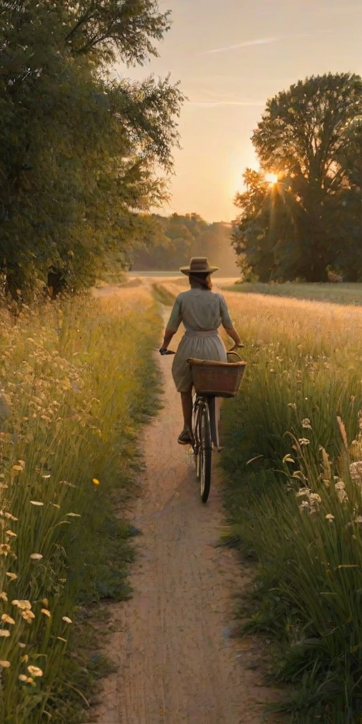 Quiet countryside road at sunset, with tall grass swaying gently in the breeze, a woman rides an old bicycle, her basket filled with wildflowers as the golden light bathes the landscape.