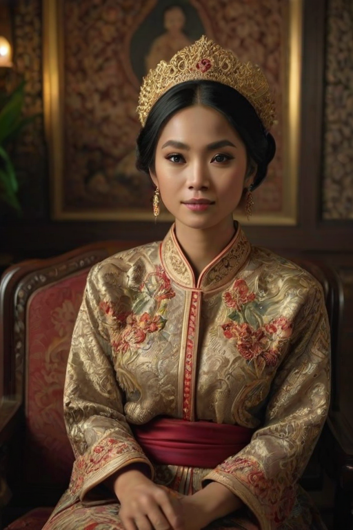 A beautiful Indonesian woman in traditional East Asian attire, intricately detailed with embroidered patterns, sitting gracefully in a richly decorated room, soft ambient lighting, serene and elegant, ultra-realistic, 8K resolution