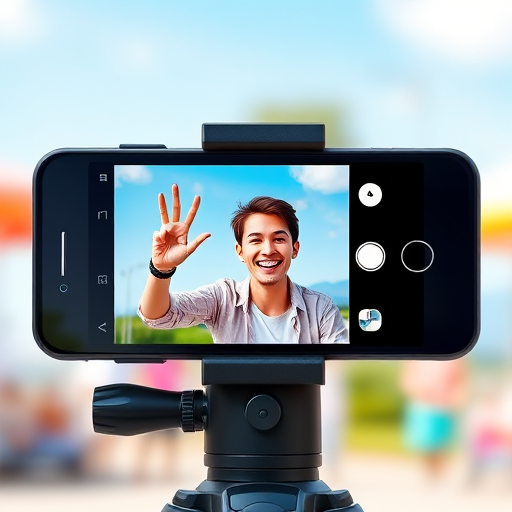 Create a vibrant animated image of a smartphone on a tripod capturing a cheerful person giving a peace sign in a bright outdoor setting with a blue sky, using a 50mm lens at f/2.8, ISO 100, and a shutter speed of 1/200s for a crisp and clear focus.