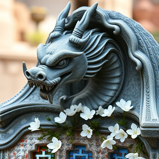Create a high-resolution image of a carved dragon head emerging from a stone backdrop adorned with delicate white flowers, using a Canon EOS R5 with a 50mm f/1.2 lens, aperture set to f/2.8, ISO 100, shot in natural light with a shallow depth of field for a soft background blur.
