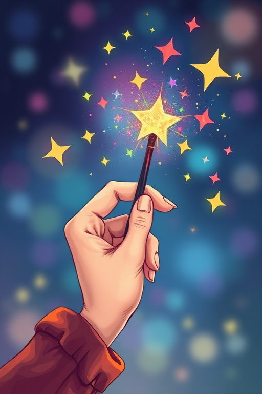 A whimsical illustration of a hand holding a magic wand with colorful stars and sparkles emanating from it, shot with a 50mm lens, aperture f/2.8, soft focus background, digital illustration style, high resolution, vibrant colors.
