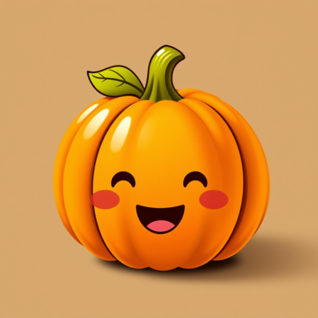 Create a kawaii-style pumpkin with a cheerful, happy face and rosy cheeks. The pumpkin should be vibrant orange with a shiny texture. Design it to be cute and playful, ideal for a light-hearted Halloween or autumn theme, with a simple and whimsical expression.
