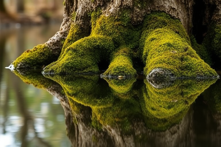 photograph of a moss-covered tree root reflected in still water, taken with a Canon EOS R5, 50mm lens, f/1.8, ISO 100, aperture priority mode, natural lighting, low angle view, focus on textures and reflections.