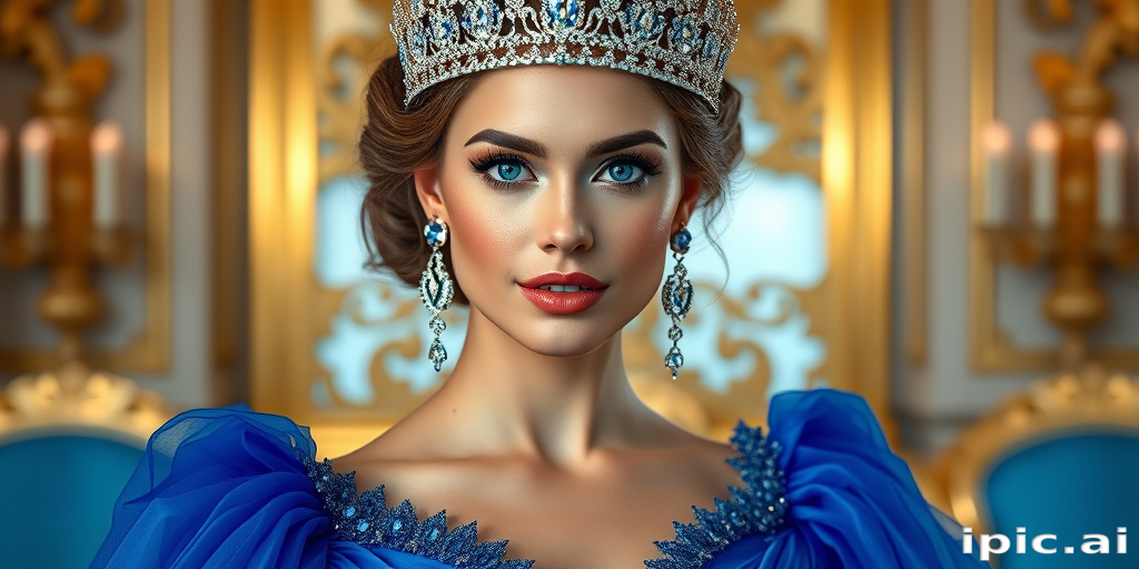 A gorgeous woman in a luxurious blue gown, accessorized with a dazzling tiara and statement earrings, her deep blue eyes highlighted by impeccable makeup, poised in a royal setting, photorealistic, 8K quality