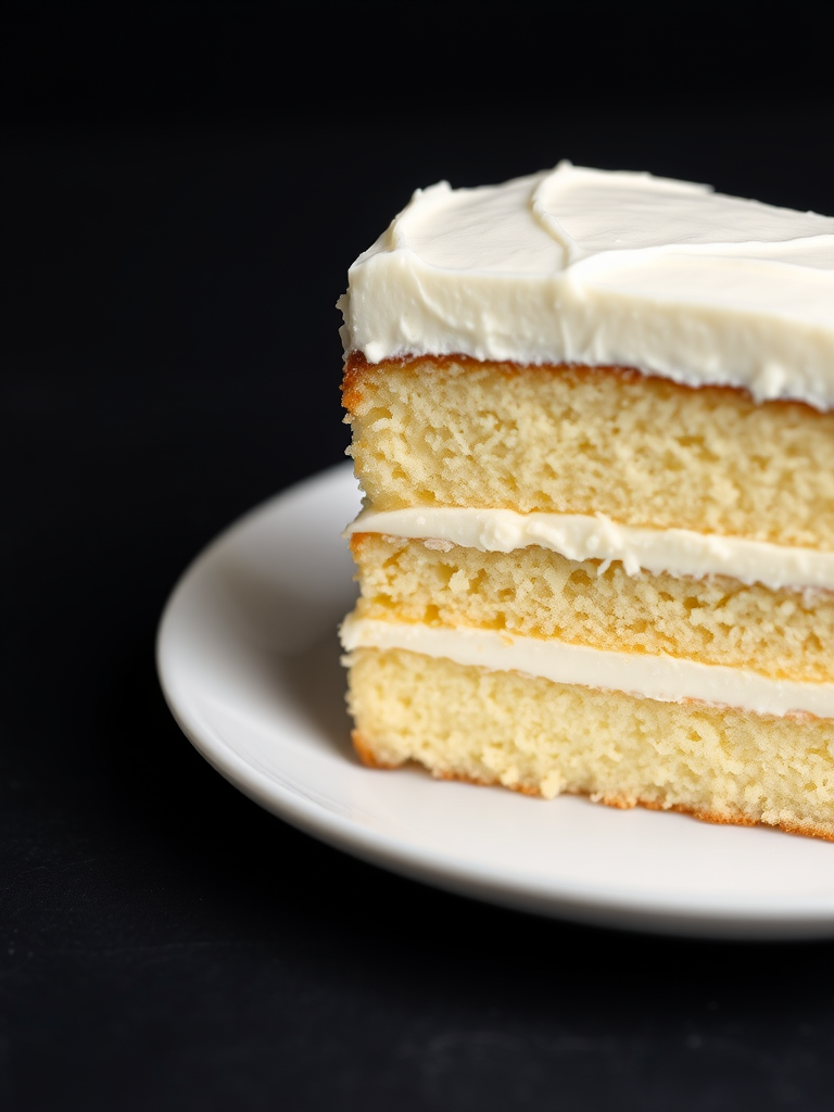 A slice of vanilla cake with white frosting on a white plate showcasing a moist texture and layers of frosting between the cake layers, with a simple and elegant presentation on a dark background.
