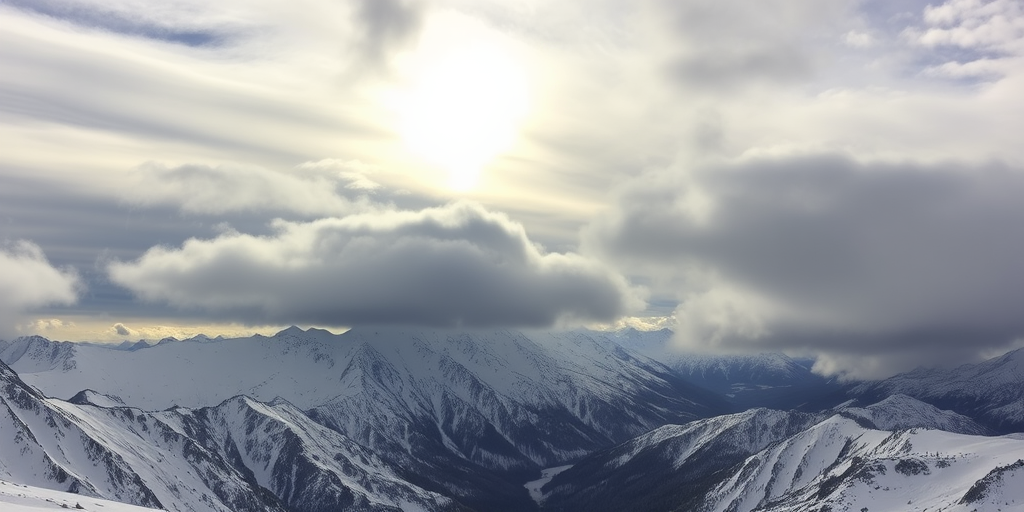 Generate an image of a snowy mountain landscape under a moody sky with dramatic clouds and the sun partially obscured, using a wide-angle lens, aperture f/8, ISO 100, 1/200 sec shutter speed, capturing a panoramic view from a high vantage point with enhanced contrast and clarity.