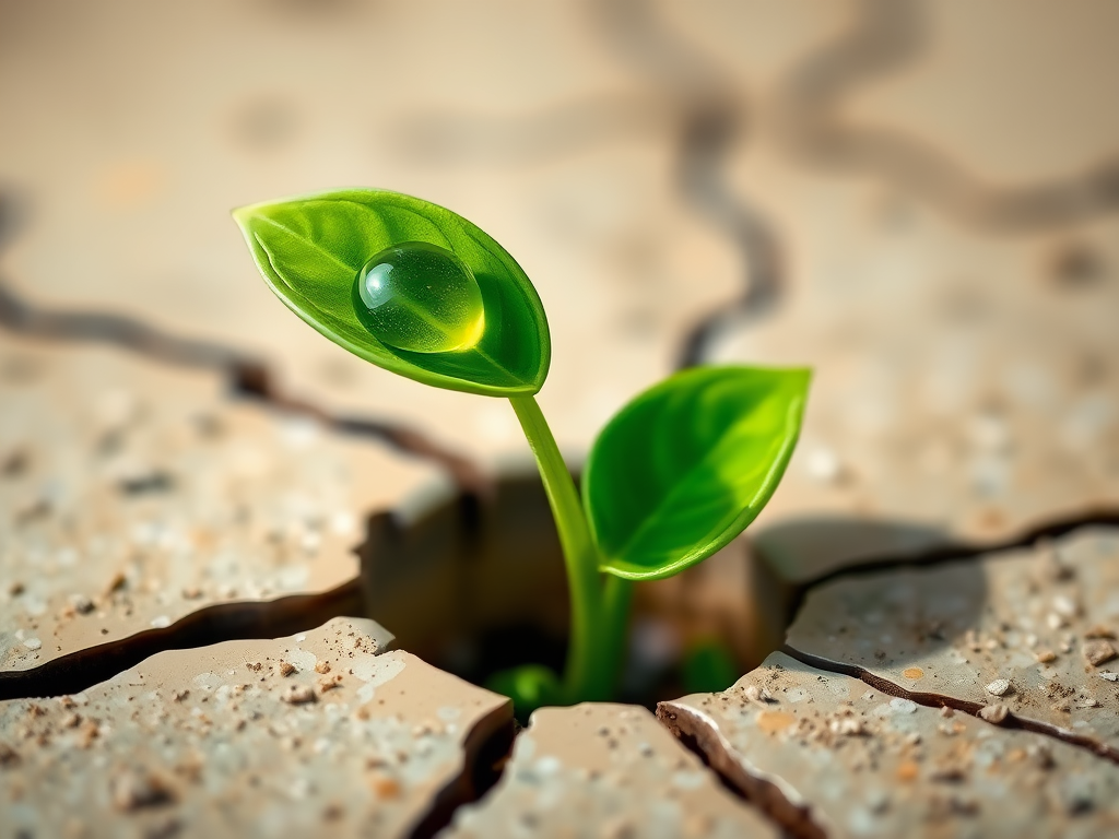 Create a vibrant illustration of a small green plant with two large leaves and a single water droplet on one leaf, emerging from a cracked surface, captured in a close-up view with a macro lens, f/2.8 aperture, 1/200 sec shutter speed, and ISO 100 for sharp details and rich colors.