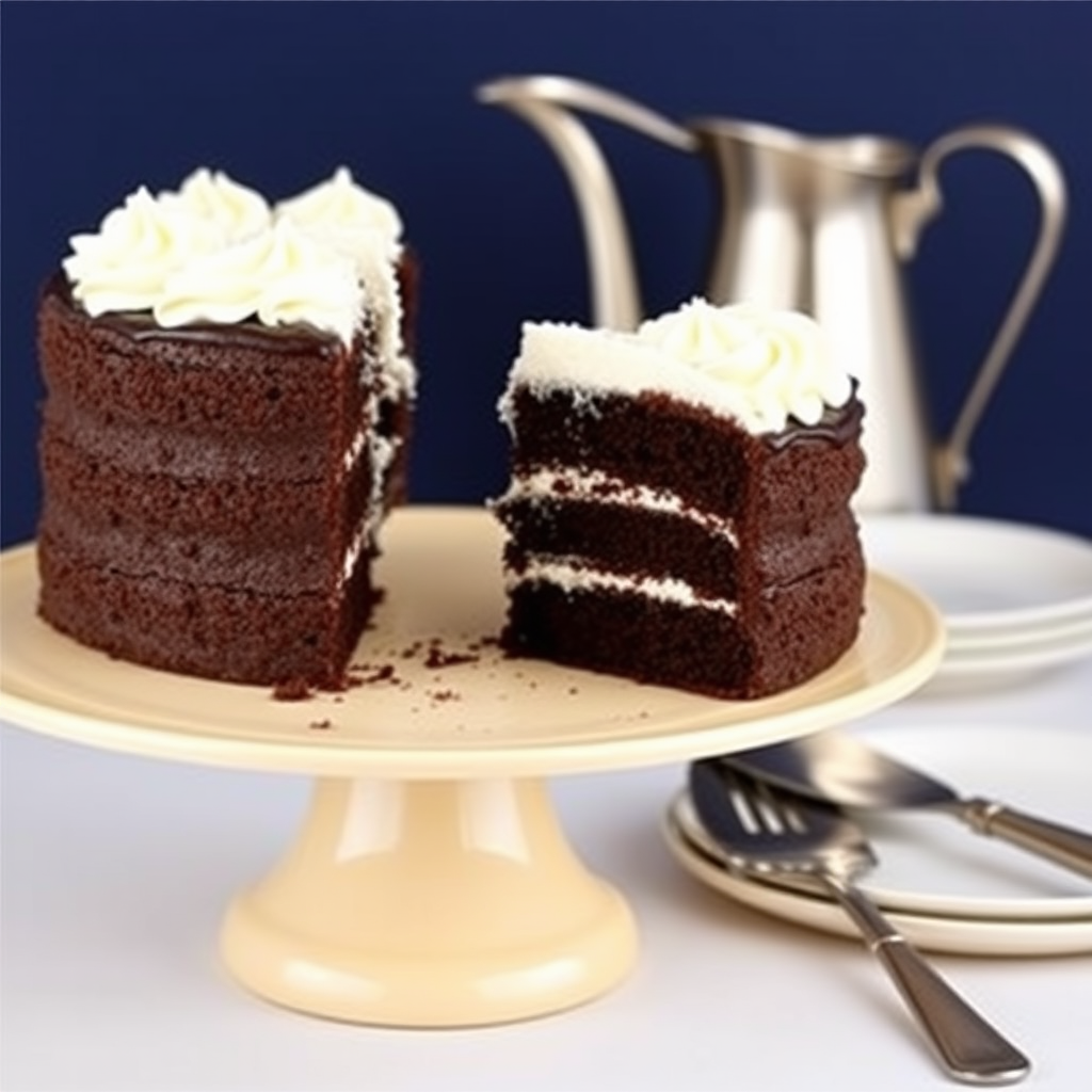 A beautifully decorated chocolate cake with white frosting on a cake stand partially sliced revealing layers of chocolate and frosting a silver cake server next to it with a simple plate in the background and a metallic pitcher behind the cake all set against a dark blue backdrop.