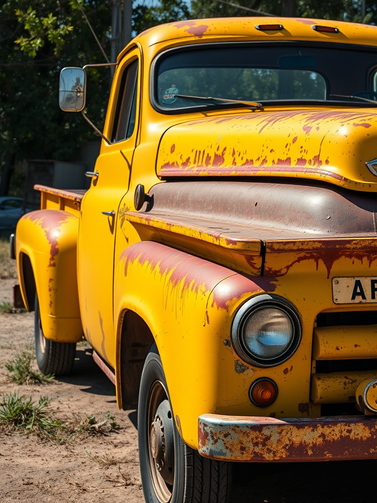 Generate a high-resolution image of a vintage yellow pickup truck with weathered paint and rust, shot with a Canon EOS R5 at f/8, ISO 100, 50mm lens, in a three-quarter view under natural light, capturing intricate details and textures.