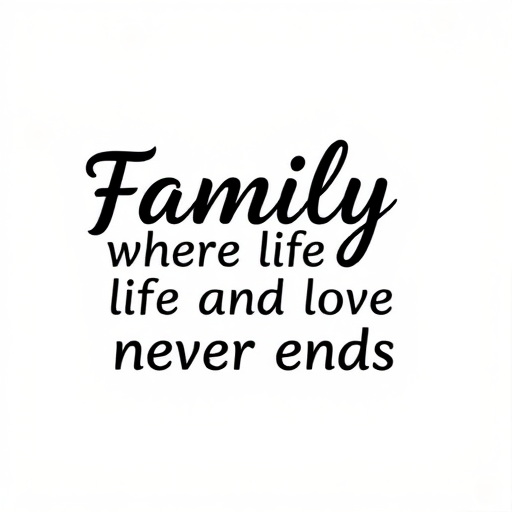 Design a high-resolution typographic illustration featuring the phrase "Family where life begins and love never ends" in a modern script and serif font, using a white background with contrasting black text; capture with a DSLR camera at f/2.8 aperture, ISO 100, and a 50mm lens for sharp detail and depth of field.