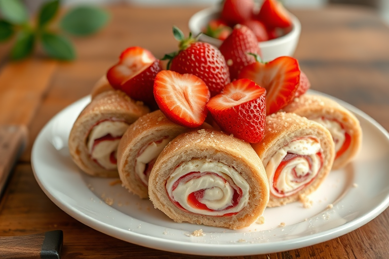 A plate of beautifully rolled strawberry cake slices with creamy filling, topped with fresh strawberries and a sprinkle of crumbs, presented on a wooden table with a blurred background.