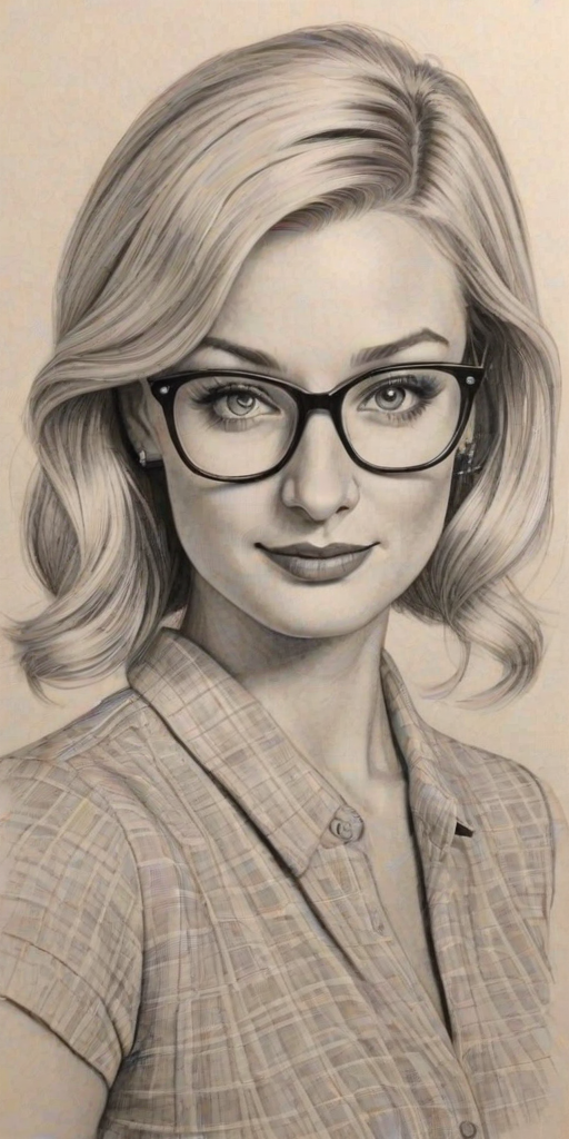 Charming Beth Behrs, pencil sketch, portrait of Wonderful woman 1947s in glasses, hair style beatnik, outline, clear lines, fine lines, 8k