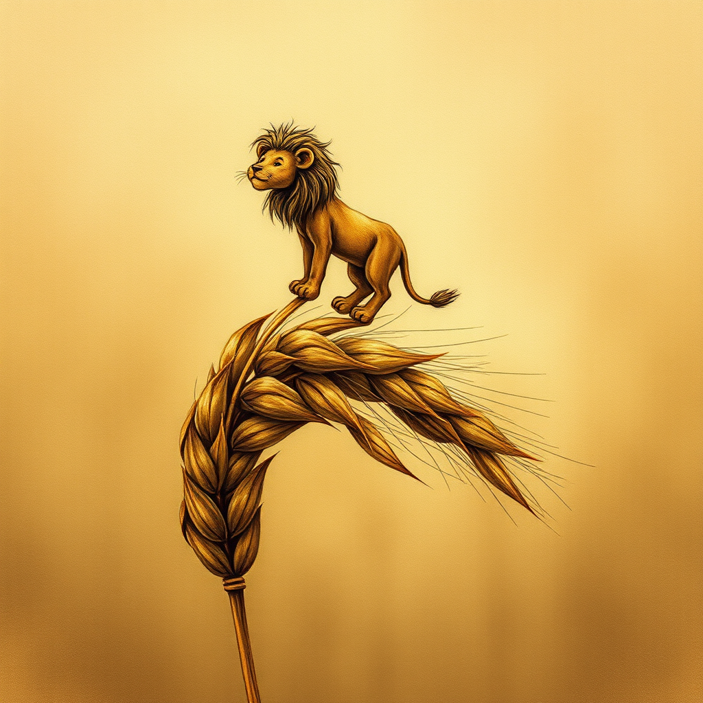 Soft, muted Alcohol Ink with ebru effect background image of tiny whimsical lion, who climbed high on the top of a golden rye ear.
