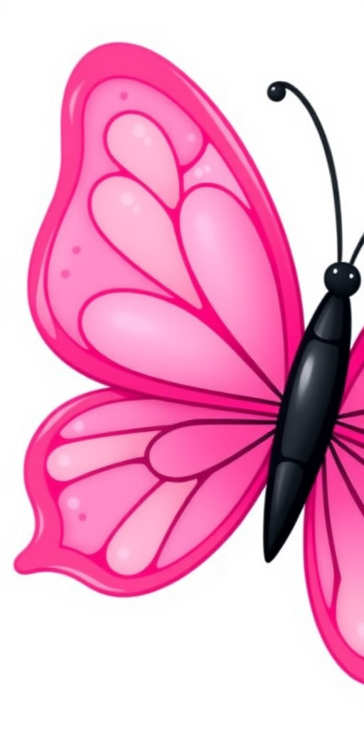 Generate an illustration of a butterfly with vibrant pink wings. The wings should have a smooth, shiny texture and feature intricate patterns with small black dots. The body of the butterfly should be slender and black, with delicate antennae on top. The overall design should be playful and colorful, suitable for a children's book.