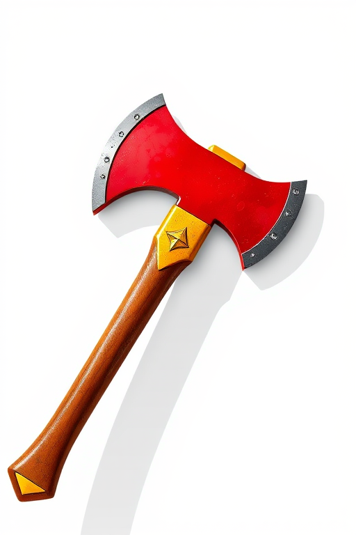 Create a highly detailed and vibrant illustration of a red axe with a golden handle, set against a clean white background, captured with a DSLR camera at f/2.8 aperture, 50mm lens, using natural light to enhance texture and shadow details.
