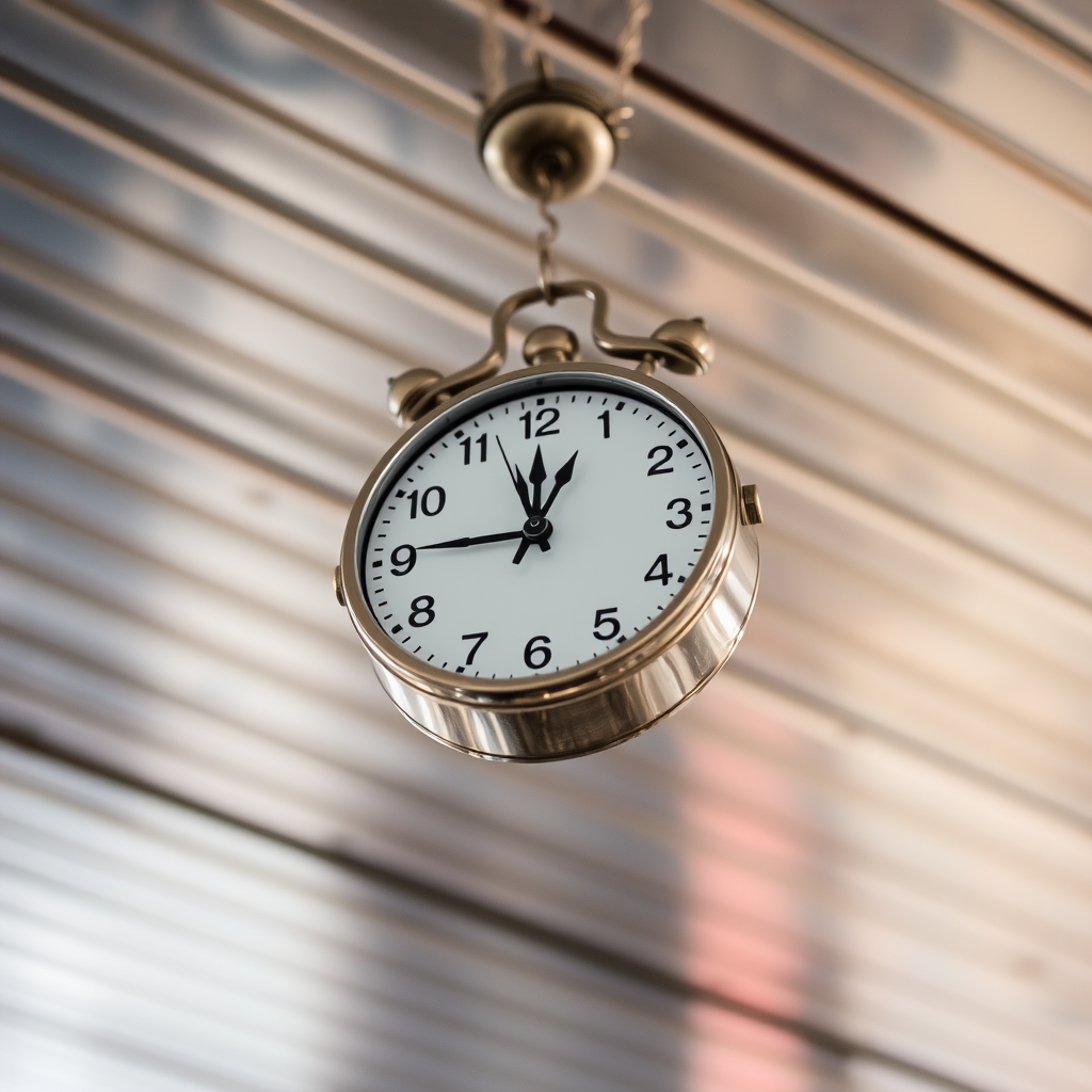A close-up of a clock hanging from a metallic ceiling, taken with a DSLR camera, 50mm lens, f/1.8 aperture, ISO 200, 1/250 shutter speed, natural lighting, emphasizing reflections and textures of the ceiling.