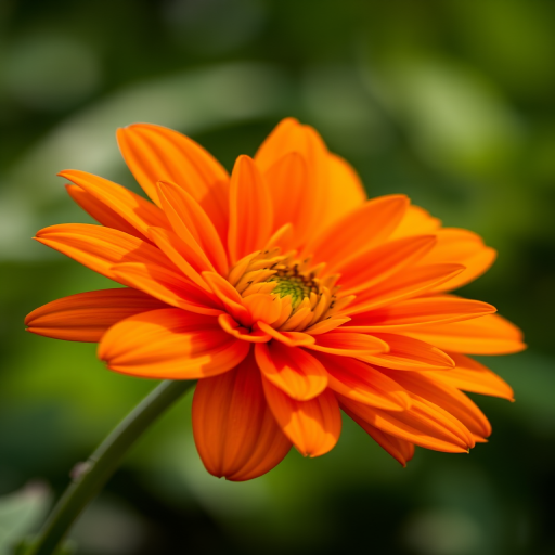 Capture a detailed close-up of an orange flower with layered petals, blurred green background, using a Canon EF 100mm f/2.8L Macro IS USM lens, aperture f/2.8, 1/200 sec shutter speed, ISO 200, soft natural light.