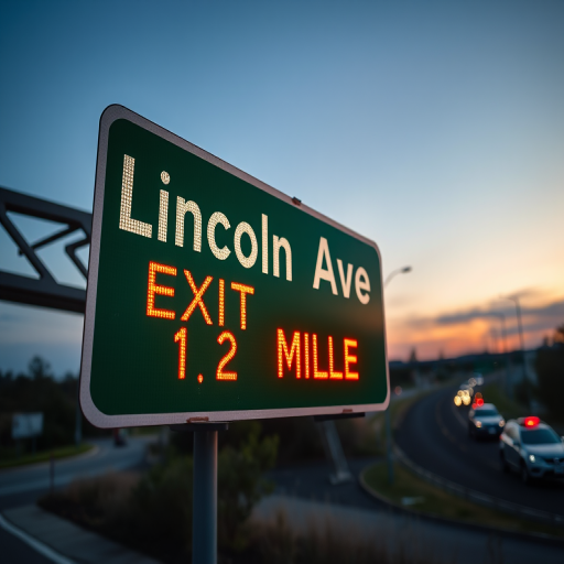 create a road sign displaying "Lincoln Ave EXIT 1/2 MILE" in bright green background with white text, use a Canon EOS R5 camera, ISO 100, f/4 aperture, 1/200 sec shutter speed, HDR style, and a slight tilt-shift effect to enhance depth and clarity