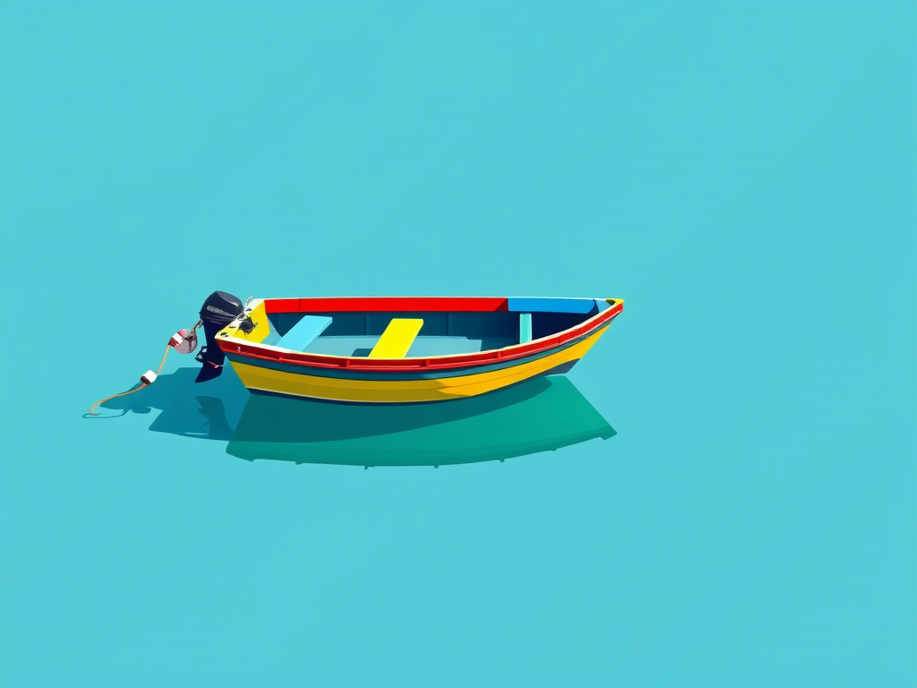 Create a vibrant illustration of a colorful boat floating on a turquoise background using digital art techniques, with emphasis on sharp lines and contrasting colors, captured with a 50mm lens, f/1.8 aperture for depth of field, and a high-resolution digital camera setting.