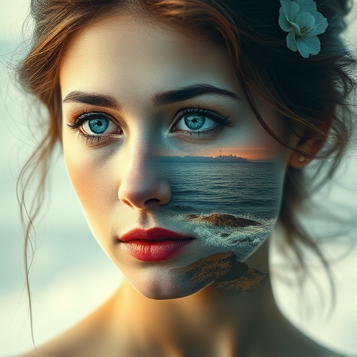 create Book cover, A surreal double exposure portrait that blends a woman's face with a beautiful seascape. The overall mood is dreamy and mystical, with rich colors and intricate details
