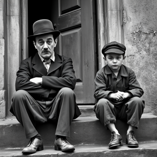 A black-and-white photograph of a man and a child sitting on steps in front of a doorway. The man is dressed as a tramp with a bowler hat, mustache, and ragged clothes, reminiscent of Charlie Chaplin's iconic look. He is sitting with his arms crossed and an expression of slight sadness or frustration. Next to him is a young boy, also in worn clothes and a cap, sitting with his hands clasped, looking thoughtful. The background is an old, textured wall and a partially open door, creating a vintage, early 20th-century atmosphere.