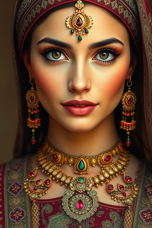 Create a portrait of a beautiful woman with striking hazel eyes and a gentle expression. She is adorned in traditional attire with intricate patterns, including a richly embroidered headscarf and matching garments. Her jewelry includes a delicate headpiece, dangling earrings, and ornate bracelets, all featuring vibrant gemstones and detailed metalwork. The background is soft and warm, enhancing the rich colors of her outfit and jewelry.