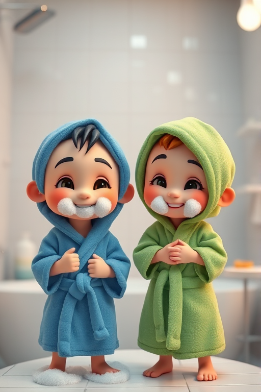 Create an image of two cartoon characters with playful expressions, one wearing a blue robe and the other in a green robe, both with fluffy soap suds on their chins, in a cozy bathroom setting, shallow depth of field with a soft focus background, use a Canon EOS R5 camera with an aperture of f/2.8, ISO 100, 24mm lens for vibrant colors and high detail in the foreground.